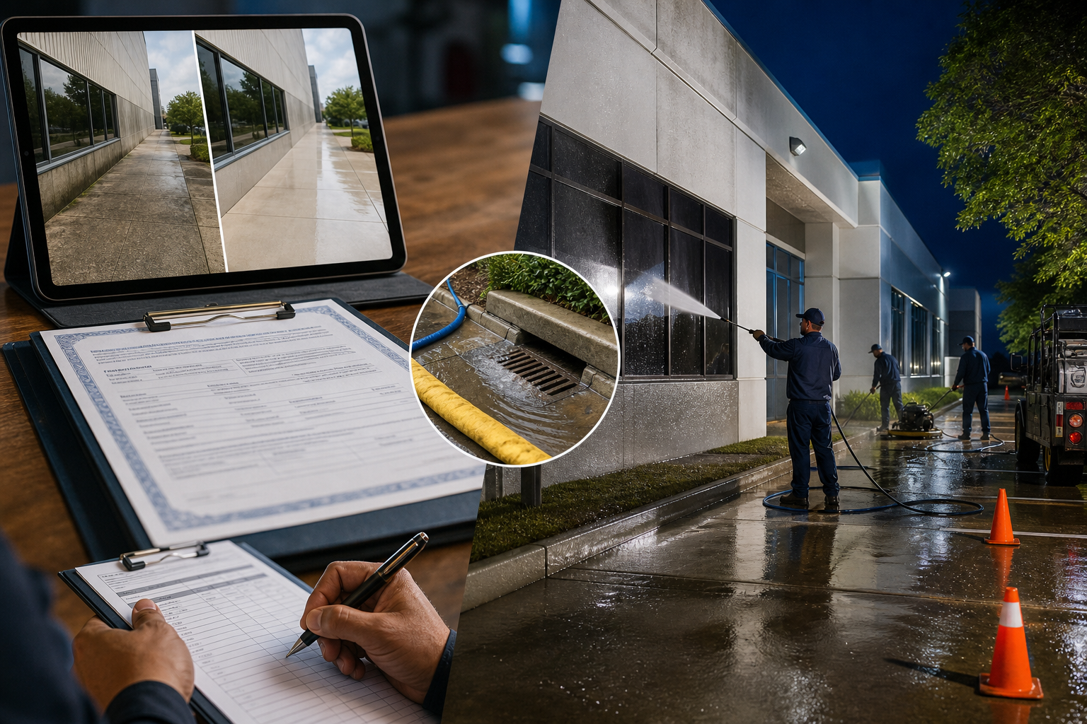 Commercial cleaning process with photo documentation, insurance paperwork, and after-hours scheduling support.