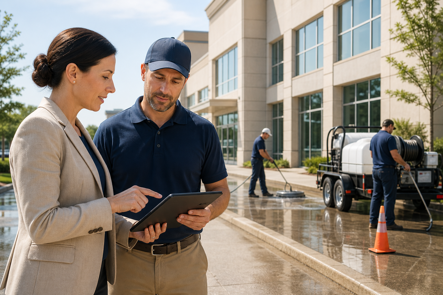 Property manager and insured commercial cleaning crew discussing exterior cleaning for a retail or office property.