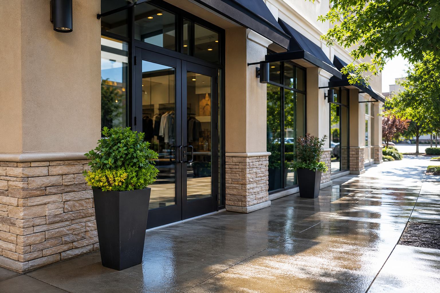 Clean Somerset storefront with freshly washed sidewalks and entrance for better curb appeal.