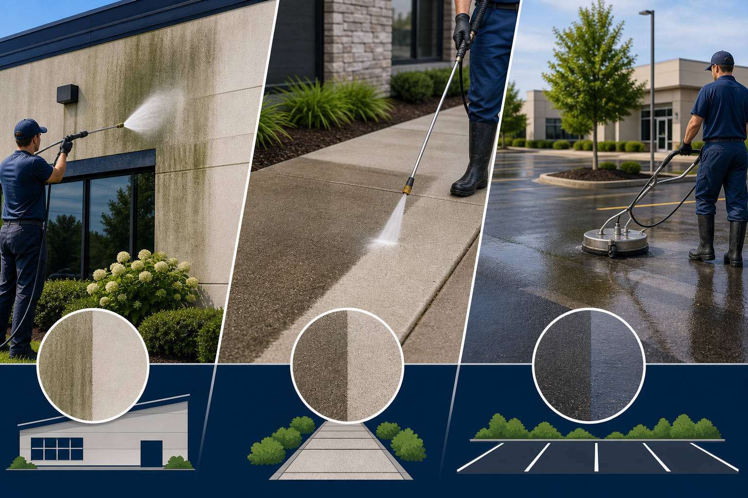 Split-scene showing soft washing for building exteriors and pressure washing for concrete sidewalks and parking lots.