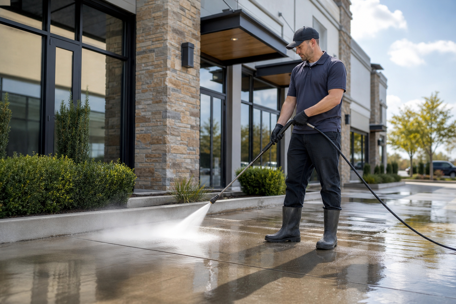 Professional commercial pressure washing on a business exterior and concrete walkway