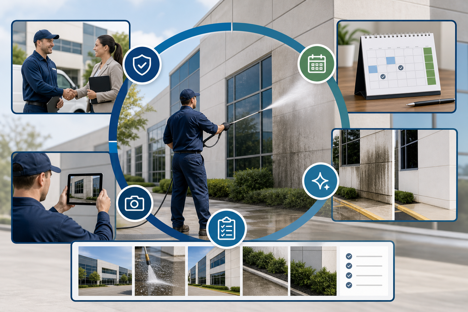Infographic showing property manager pressure washing workflow with insurance, scheduling, and documentation