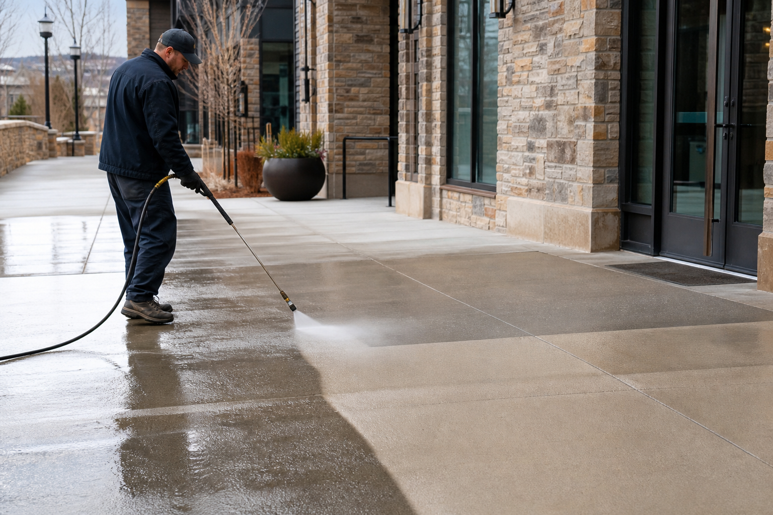 Commercial pressure washing crew cleaning a Park City business exterior and storefront entrance.
