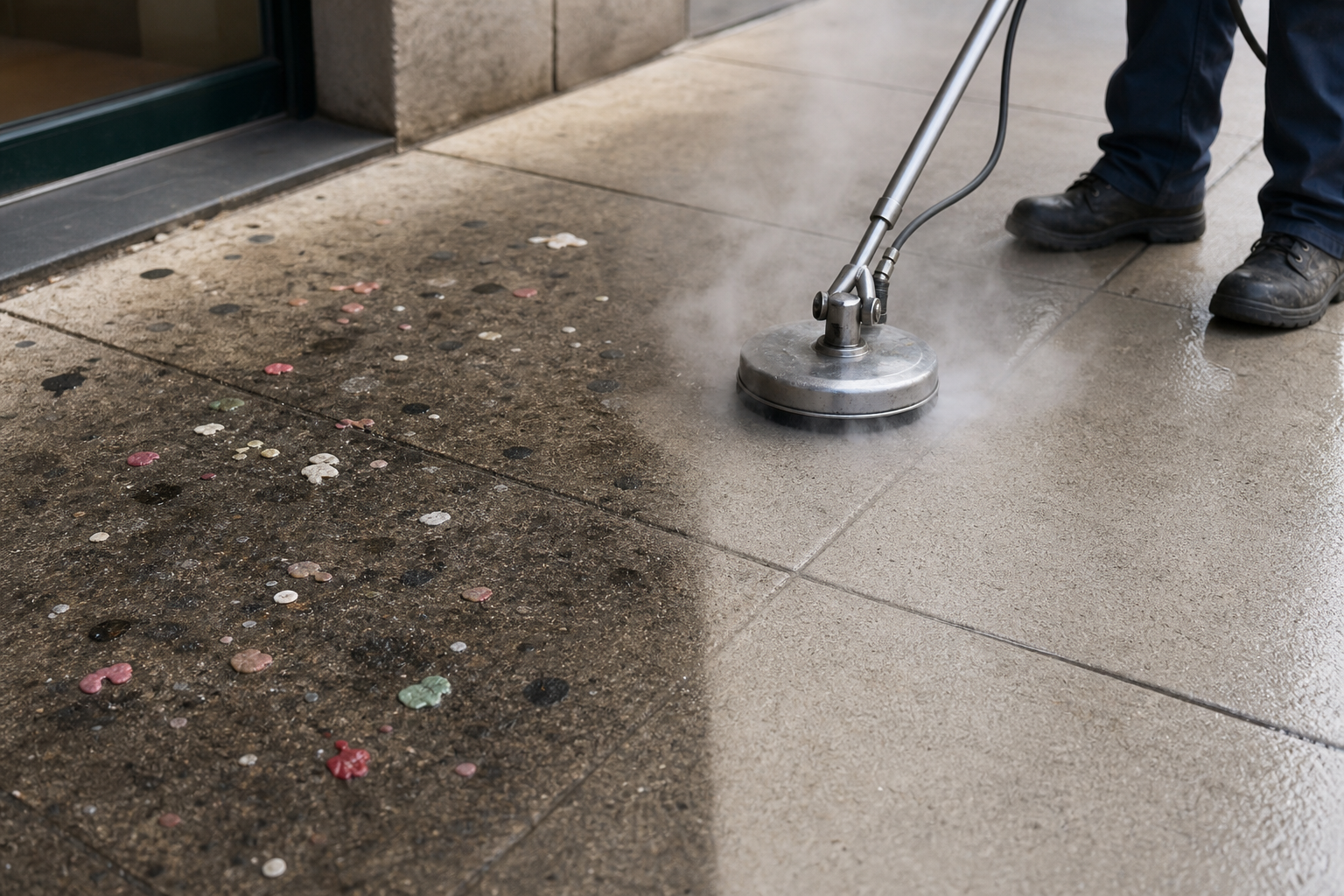 Close-up of commercial sidewalk gum removal and stain cleaning on a storefront walkway.