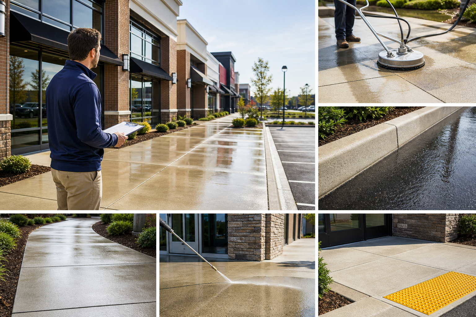 Property manager reviewing freshly cleaned commercial sidewalks, curbs, and walkway entrances at a retail property.