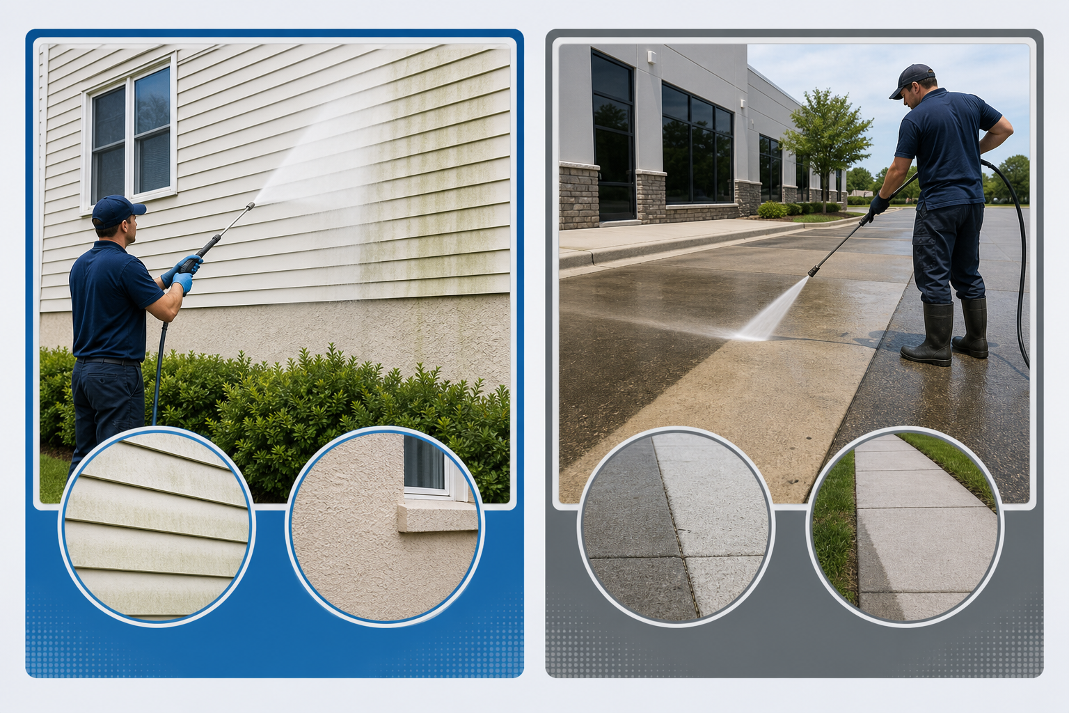 Side-by-side comparison of commercial soft washing and pressure washing for different surface types.