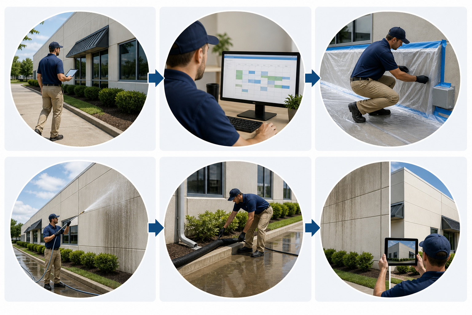 Commercial soft washing process from site walk and scheduling through cleaning and photo documentation.