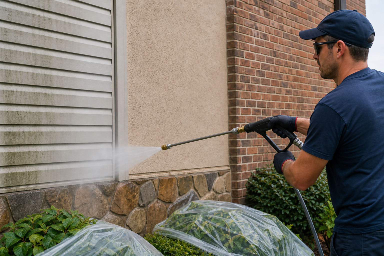 Technician safely soft washing siding, stucco, brick, and stone on a commercial building.