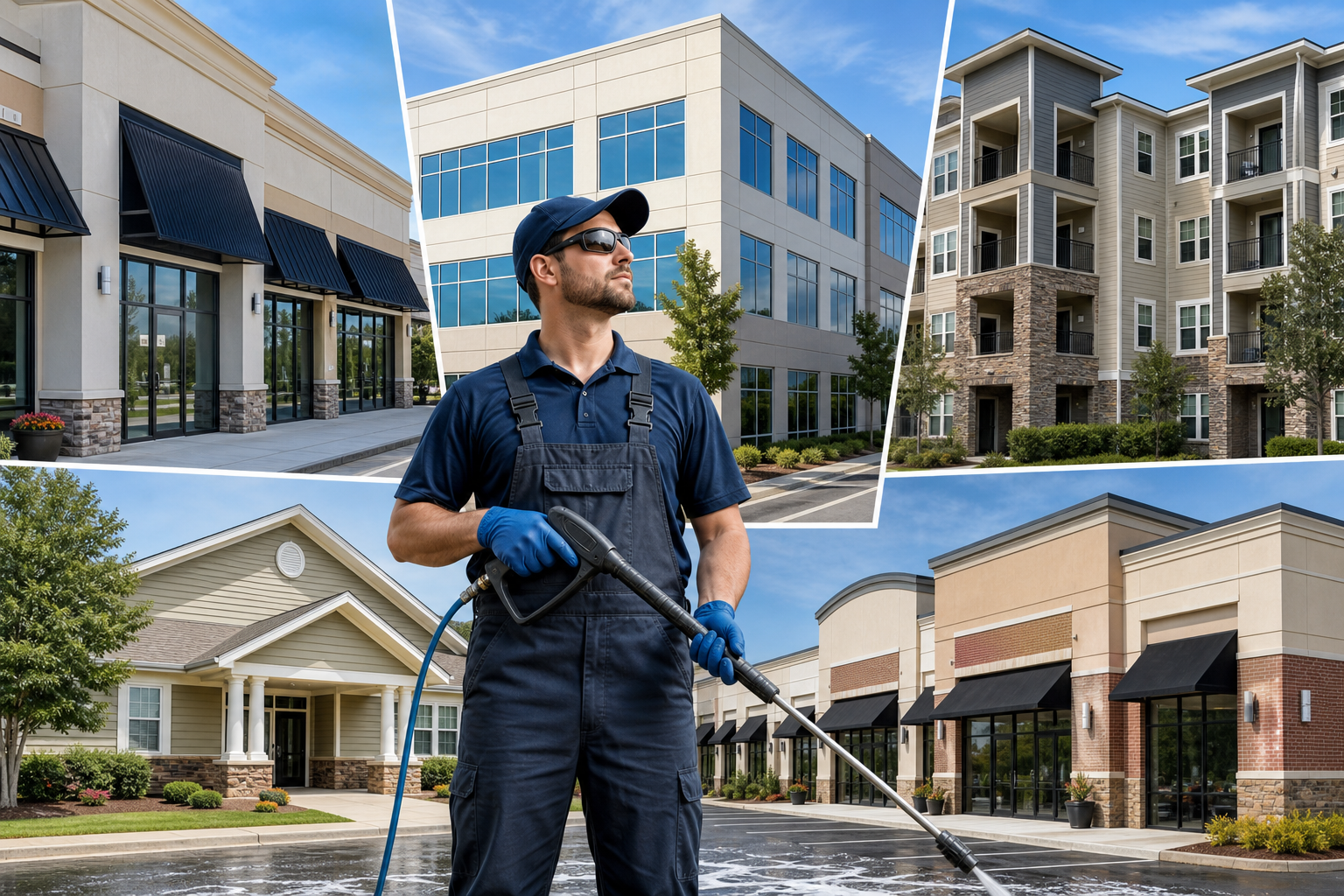 Commercial soft washing use cases across storefronts, offices, apartments, HOAs, and retail centers.