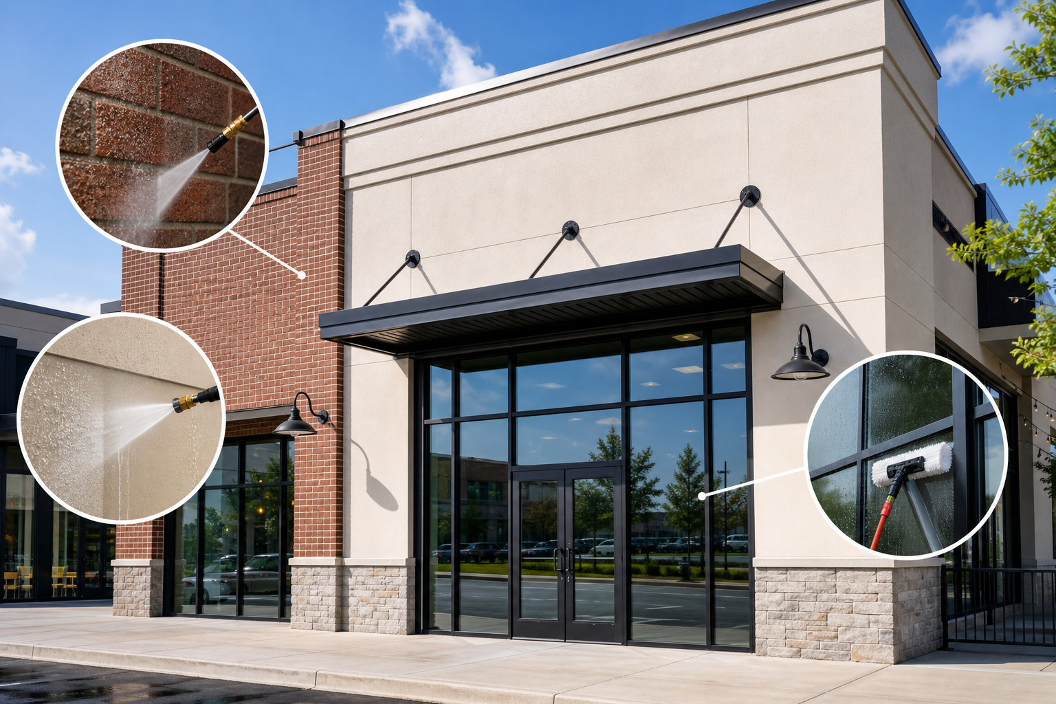 Commercial storefront exterior washing methods for glass, facade, brick, awnings, and signage.