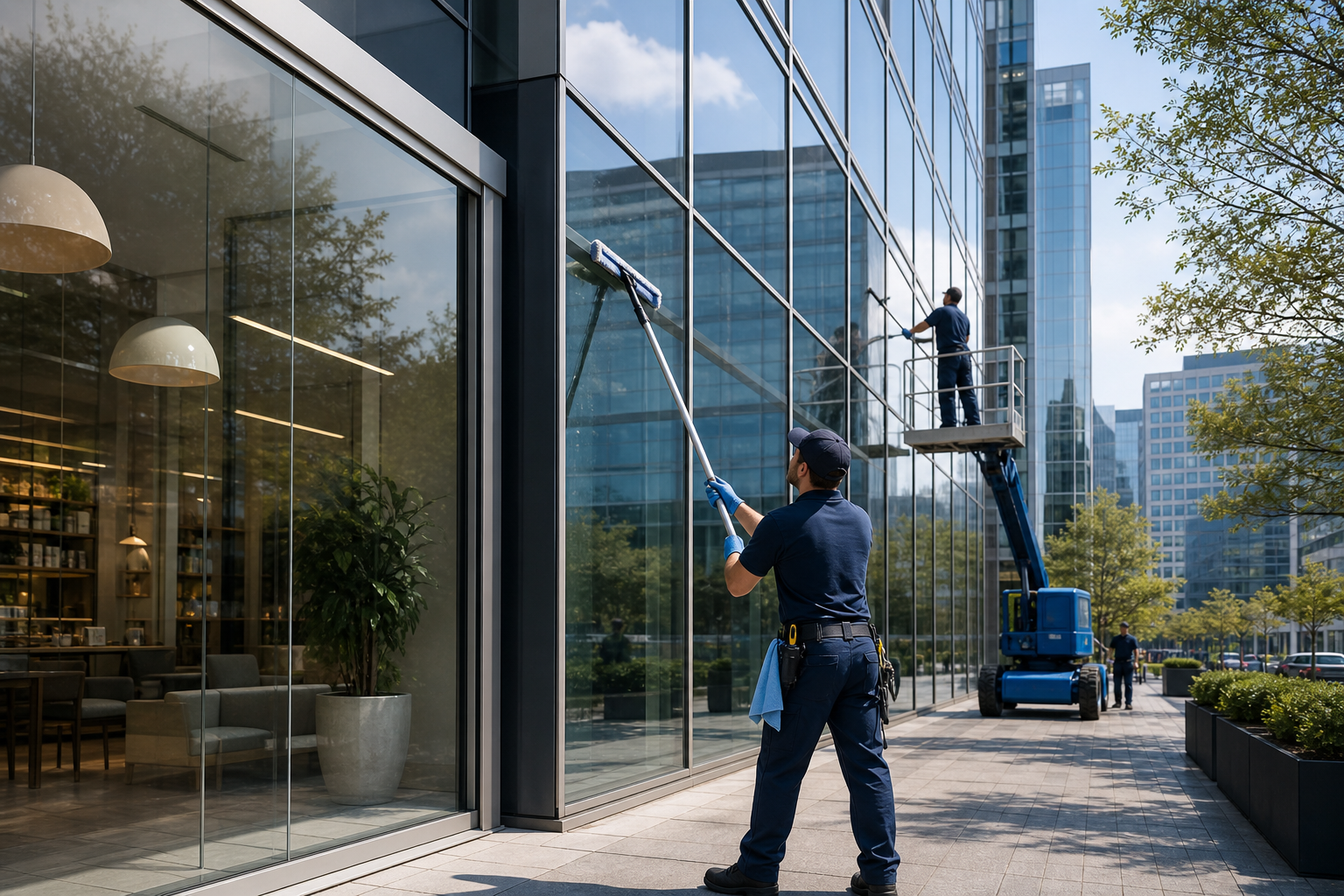 Professional commercial window cleaning crew servicing office building glass and a storefront in a modern business district.