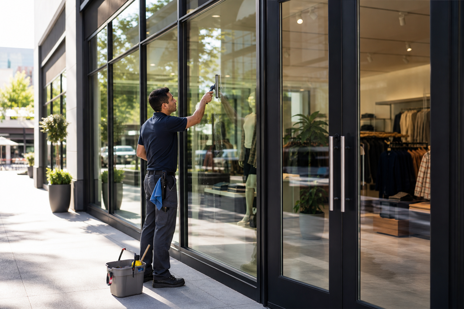 Clean storefront windows and glass doors at a retail location after professional cleaning