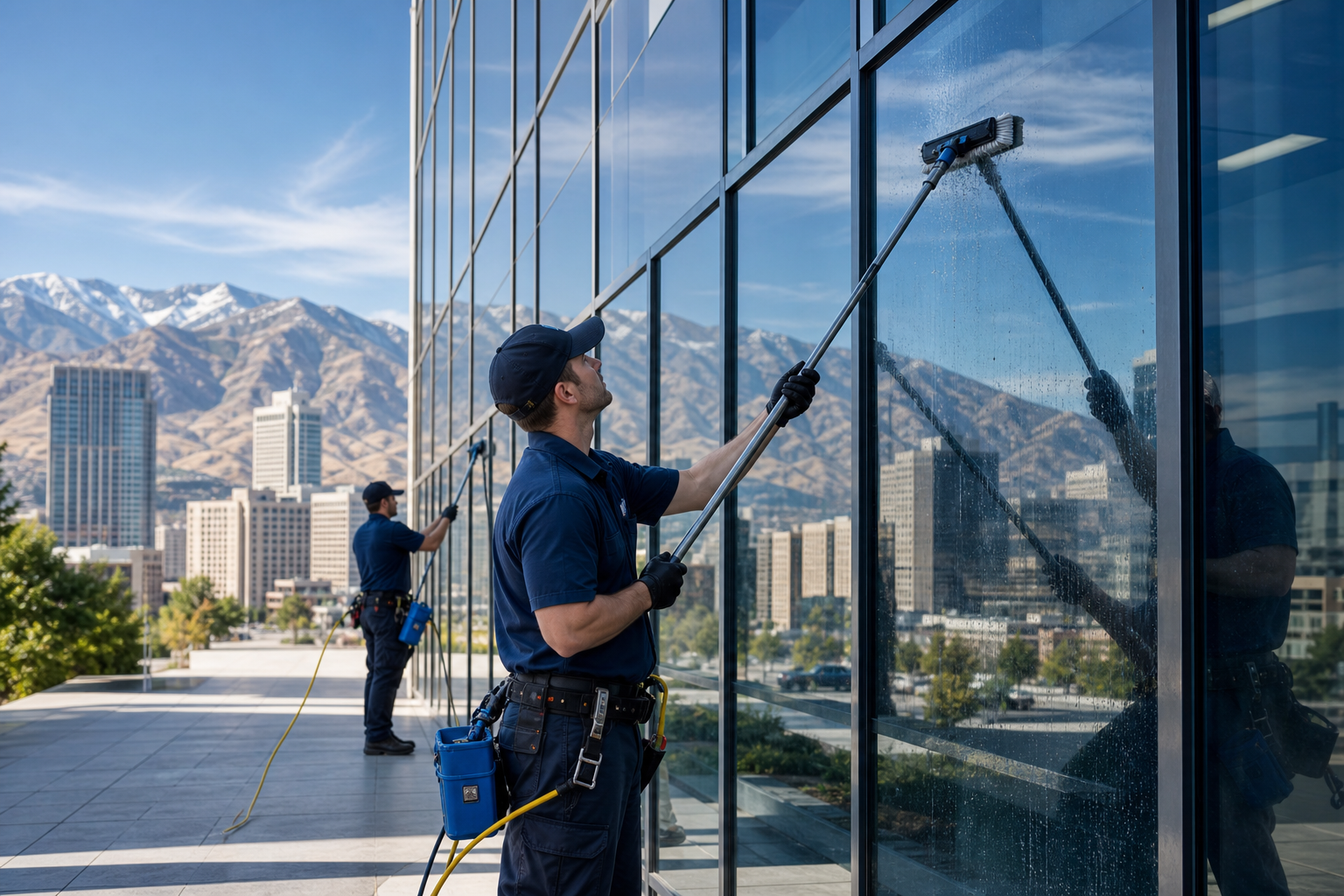 Commercial window cleaning crew servicing a Salt Lake City office building with streak-free glass.