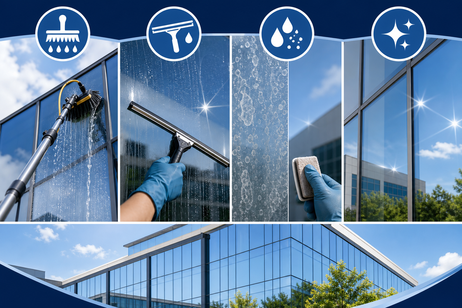 Infographic showing pure-water cleaning, squeegee service, hard water stain removal, and glass restoration.