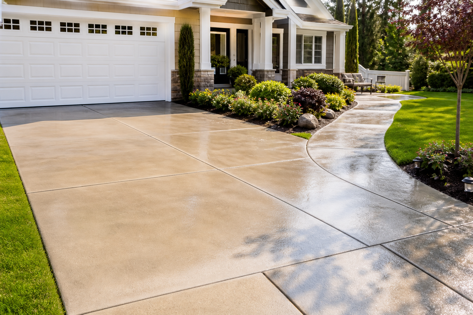 Freshly cleaned residential driveway, sidewalk, and patio showing improved curb appeal after concrete cleaning.