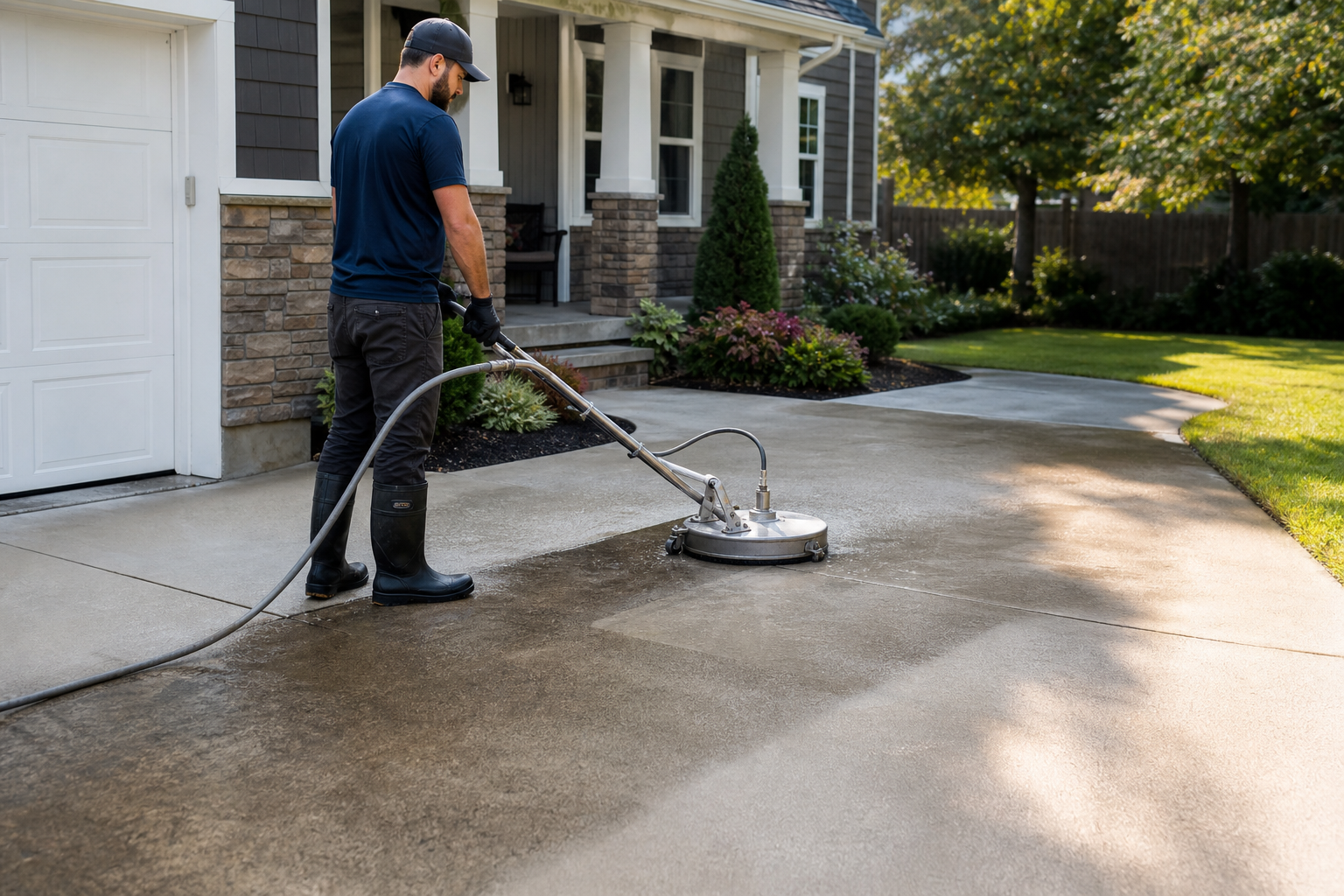 Residential driveway and patio concrete cleaning service near a home