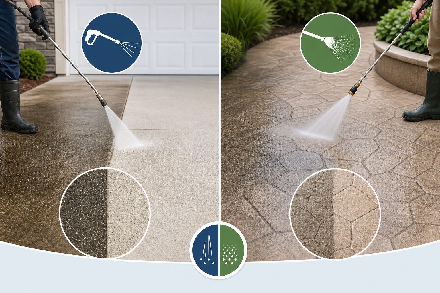 Comparison of pressure washing and soft washing methods for concrete surfaces