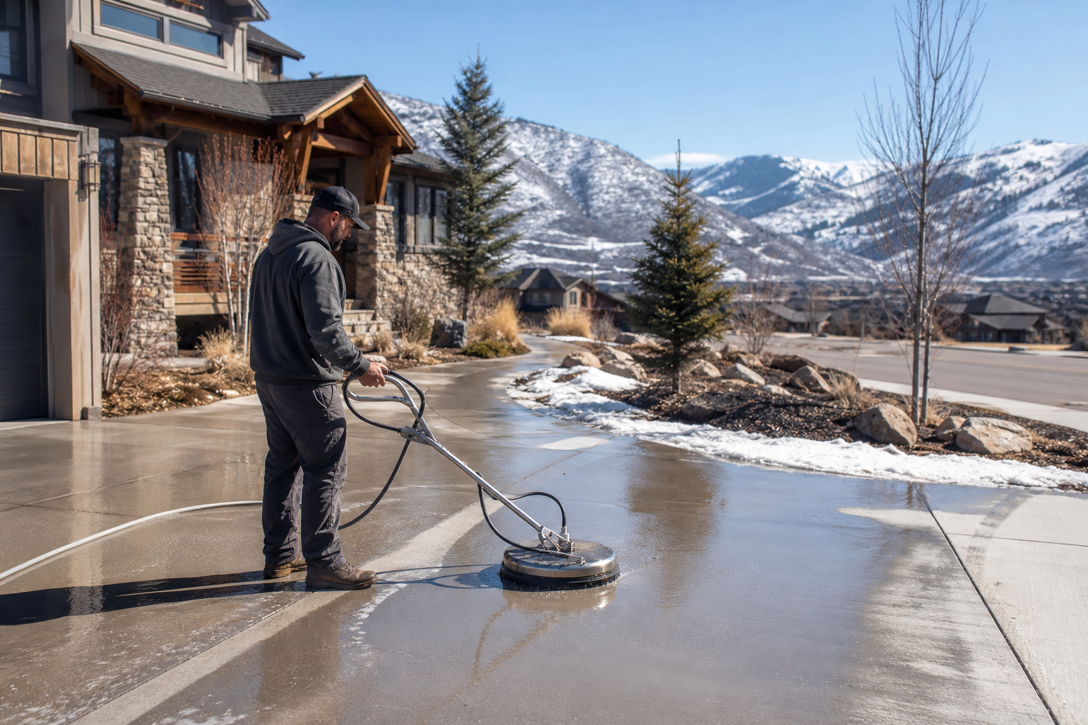 Professional concrete cleaning for a Park City home driveway and sidewalk