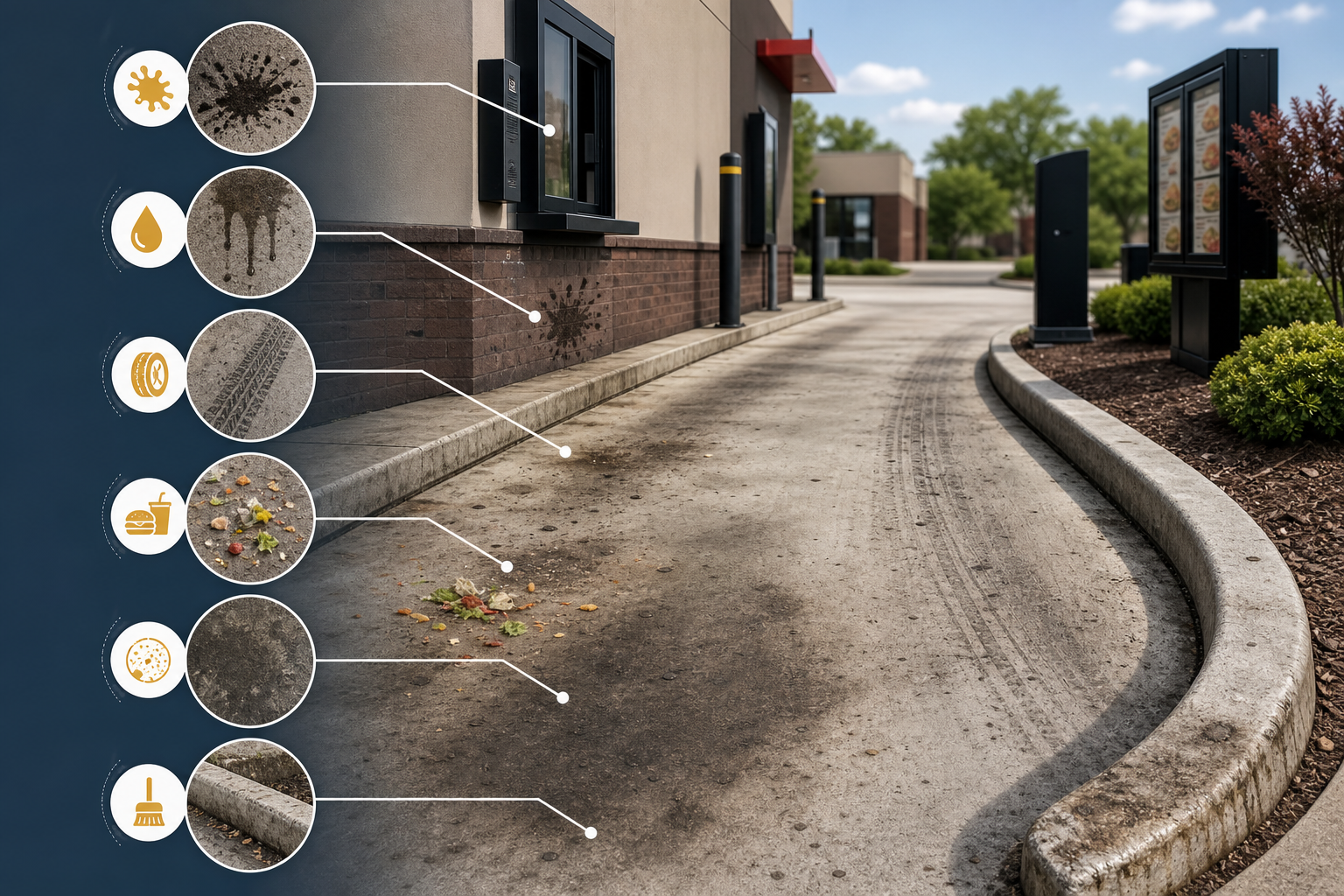 Infographic showing common grease, grime, and oil stain problems in a restaurant drive-thru lane