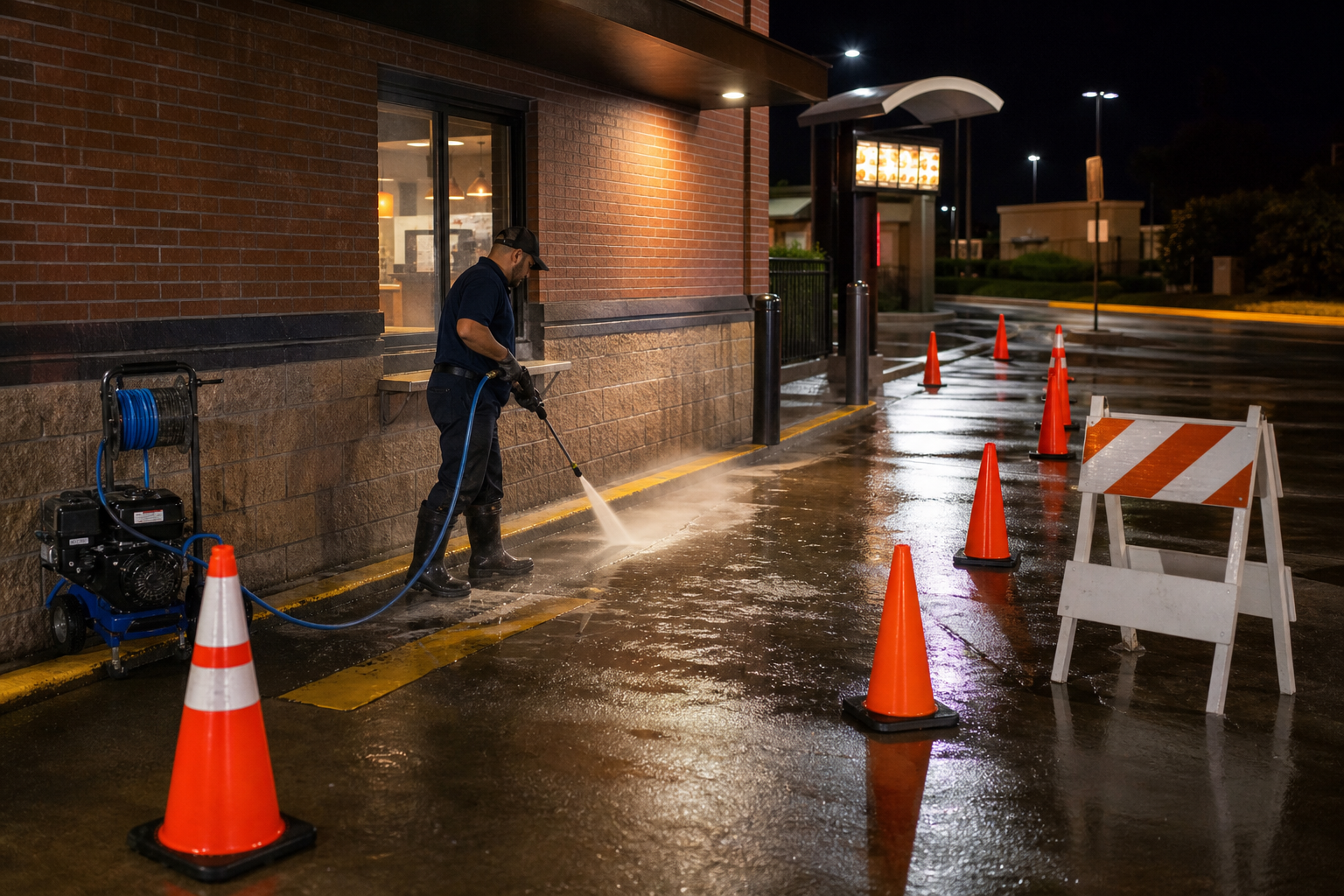 After-hours commercial drive-thru cleaning with traffic control and barricades
