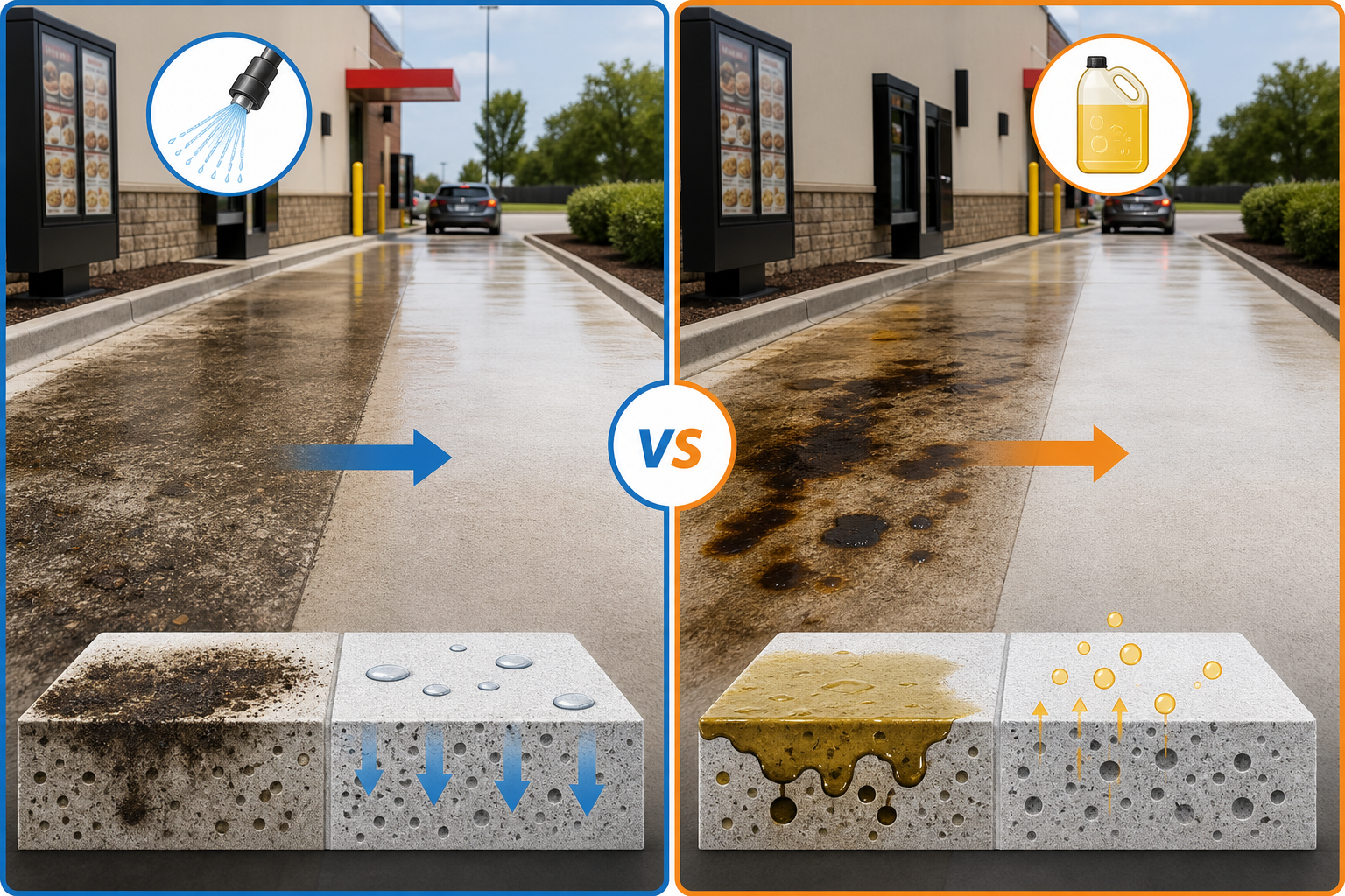 Diagram comparing pressure washing and degreasing for drive-thru concrete cleaning