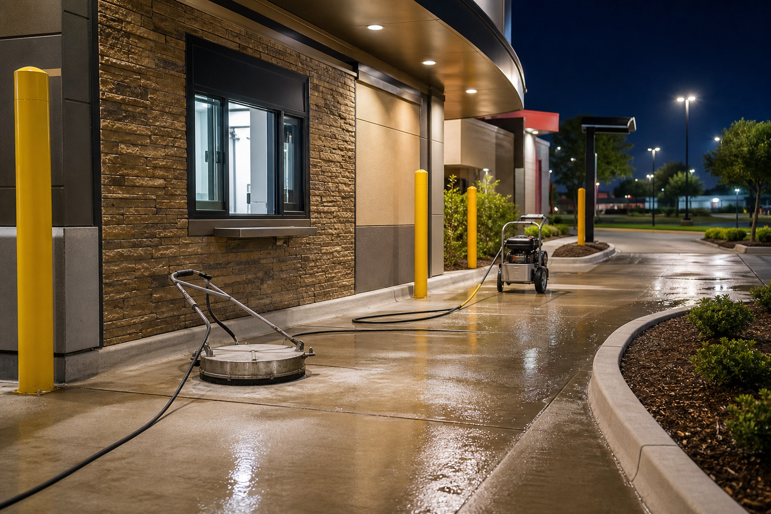 Professional drive-thru pressure washing at a restaurant lane after hours