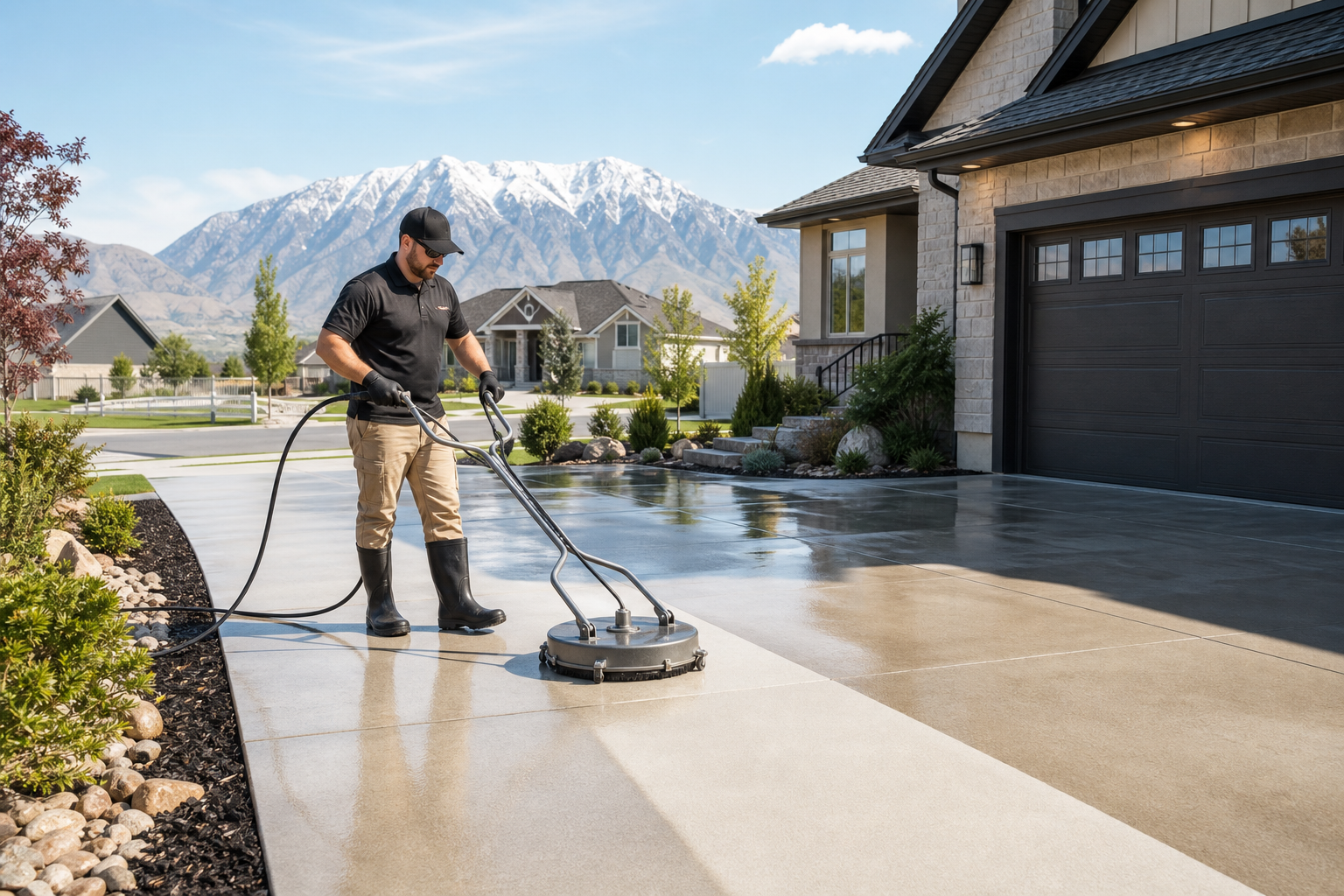 Professional driveway cleaning for a suburban home, showing a technician washing a concrete driveway to improve curb appeal.