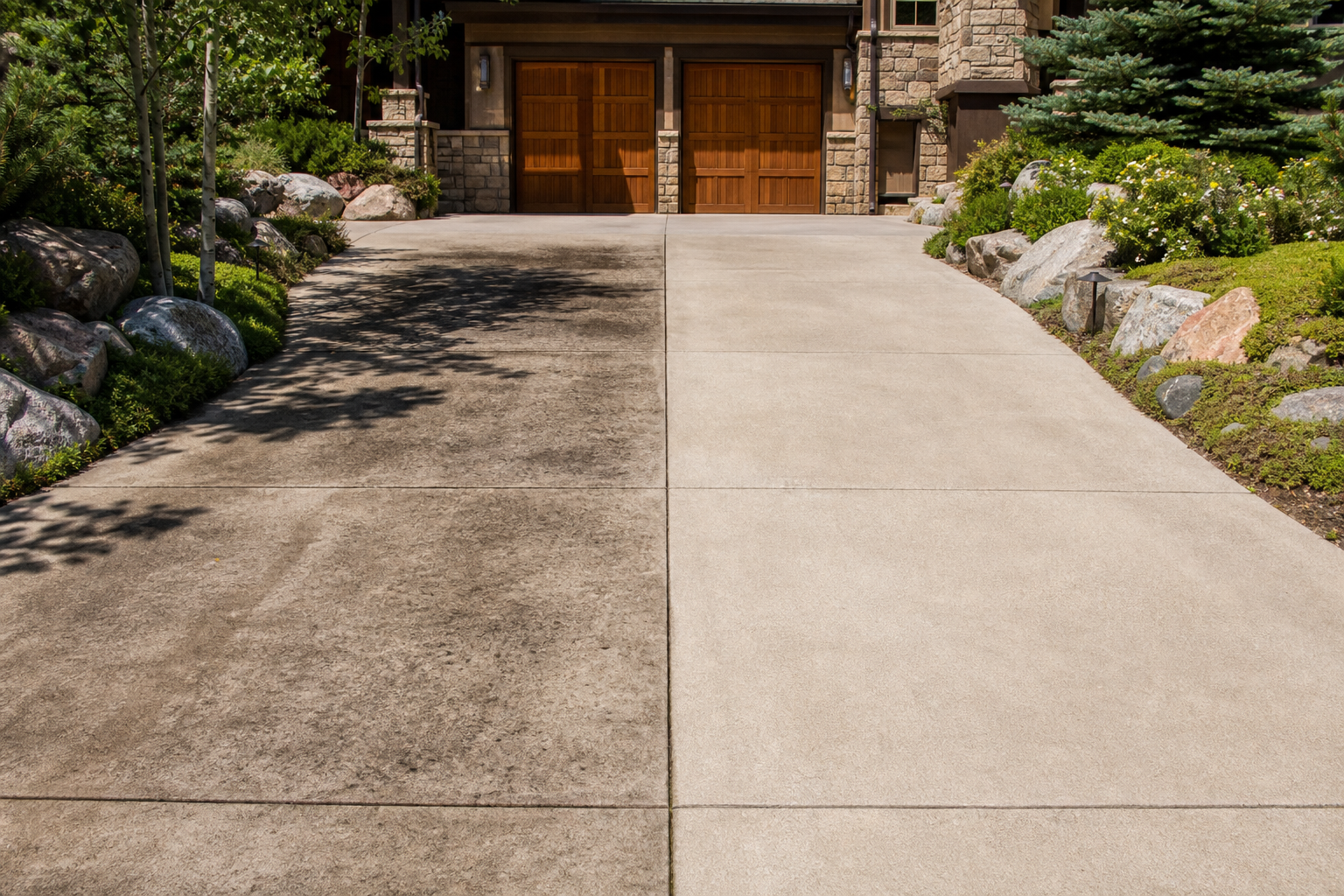 Before and after driveway cleaning showing a brighter concrete surface and improved curb appeal.