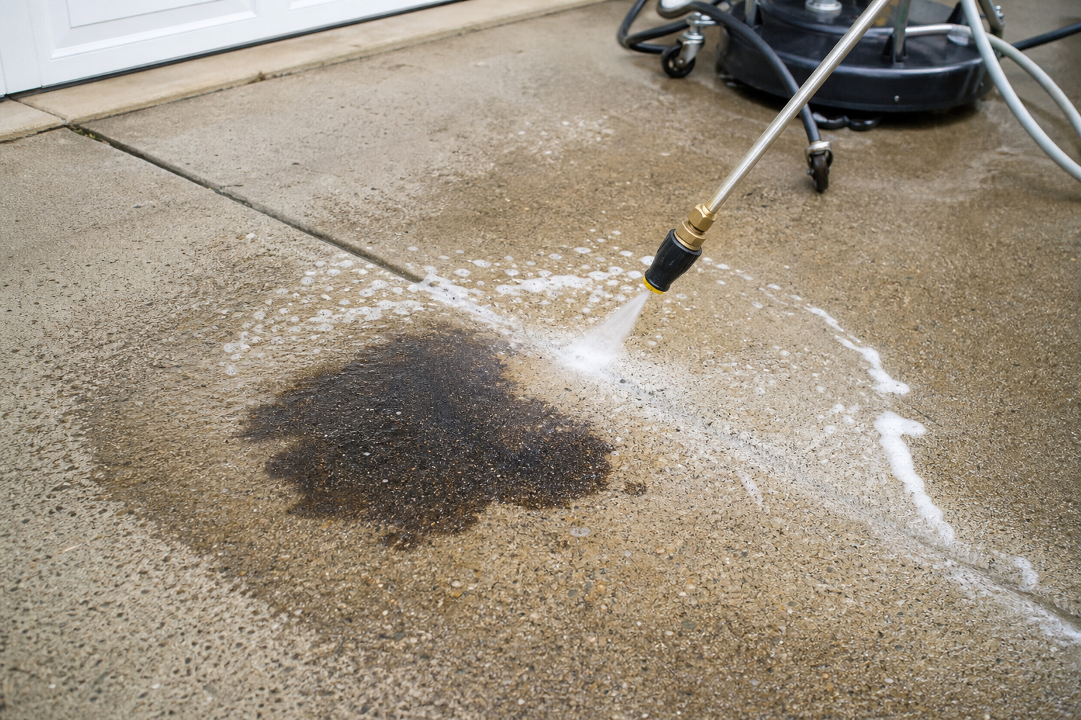 Driveway oil stain treatment on concrete during professional stain cleanup.