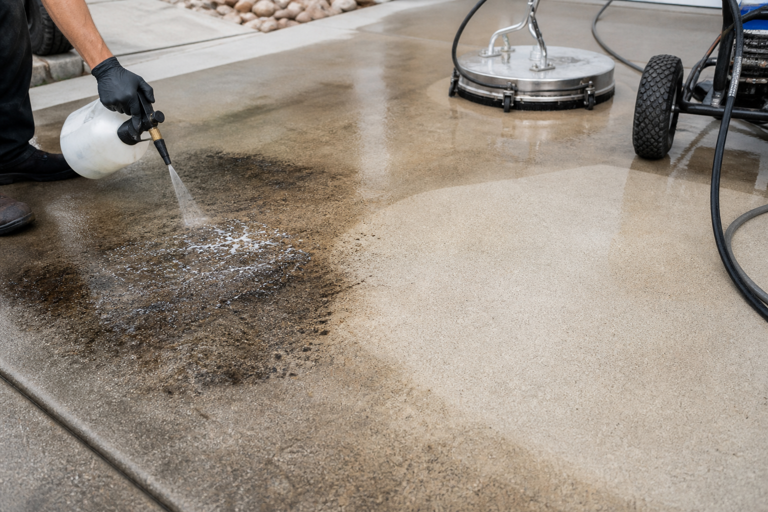 Concrete driveway oil stain removal with professional treatment in Salt Lake City.