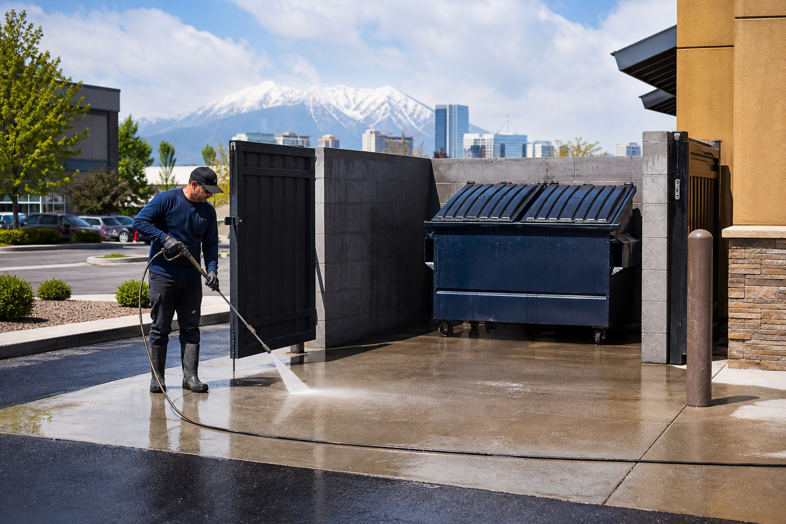 Dumpster pad cleaning in Salt Lake City at a commercial trash enclosure behind a business.