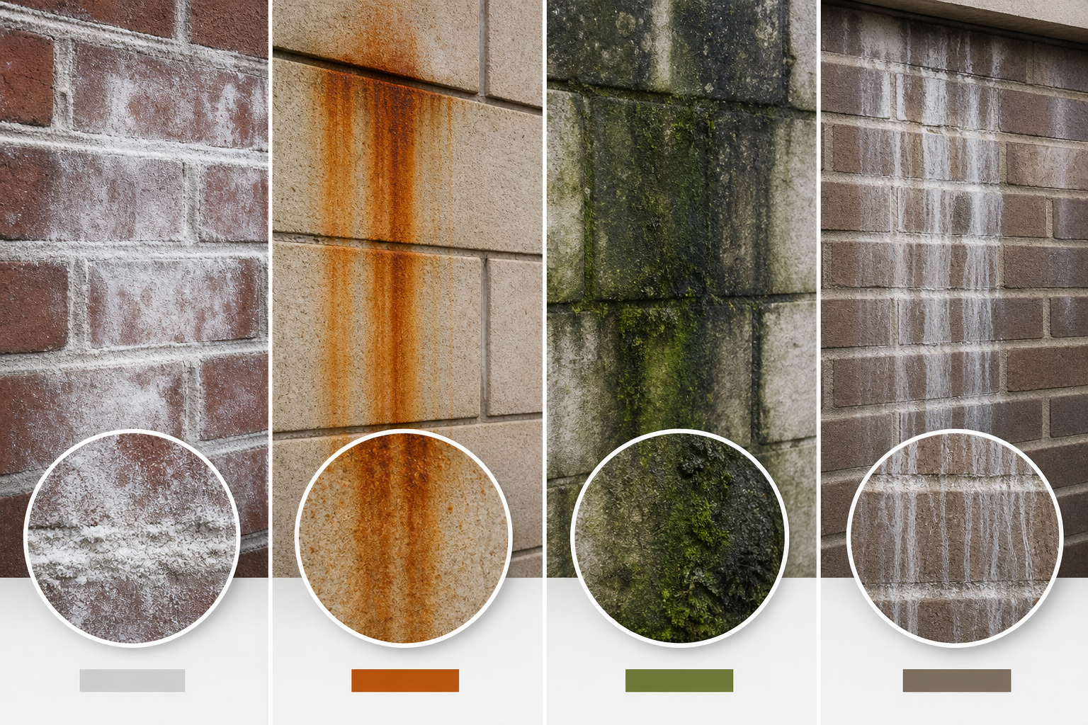 Infographic comparing efflorescence with rust, algae, mildew, and hard-water staining on masonry