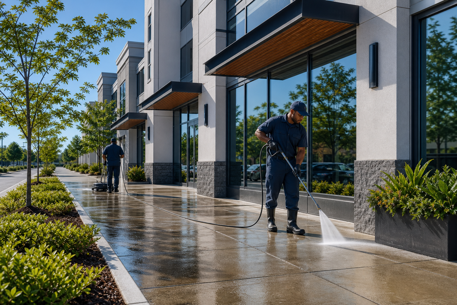Commercial building and storefront exterior cleaning scene with clean sidewalks, windows, and entrances.