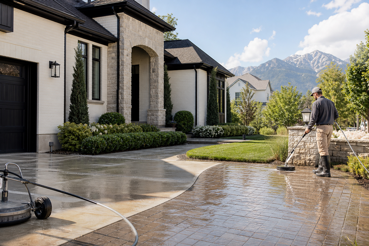 Professionally cleaned home exterior with driveway, patio, and sidewalk representing residential exterior cleaning services.