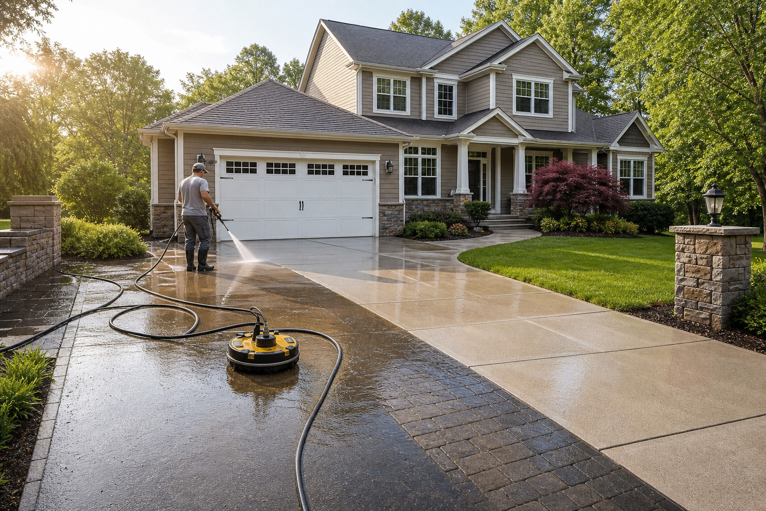 Freshly cleaned home exterior, driveway, patio, and sidewalks improving residential curb appeal.