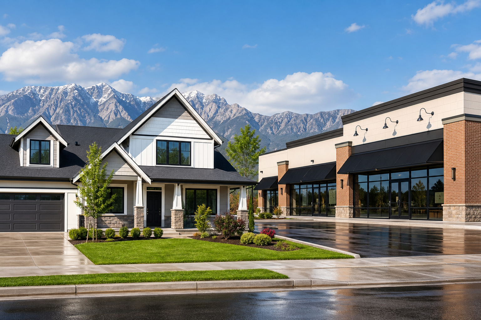 Freshly cleaned Salt Lake City home and storefront showing residential and commercial exterior washing.