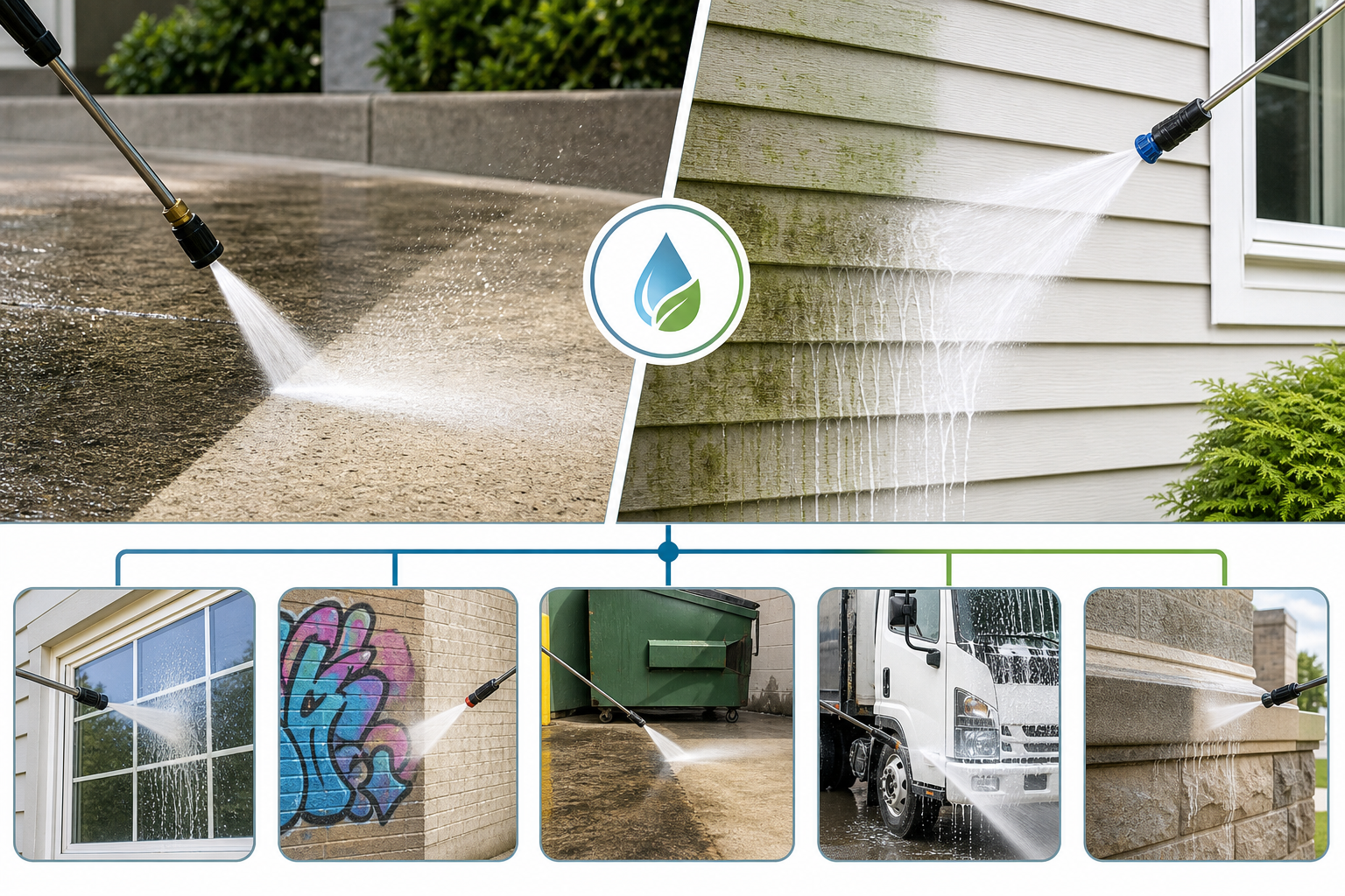 Diagram comparing pressure washing, soft washing, and specialty exterior cleaning methods.