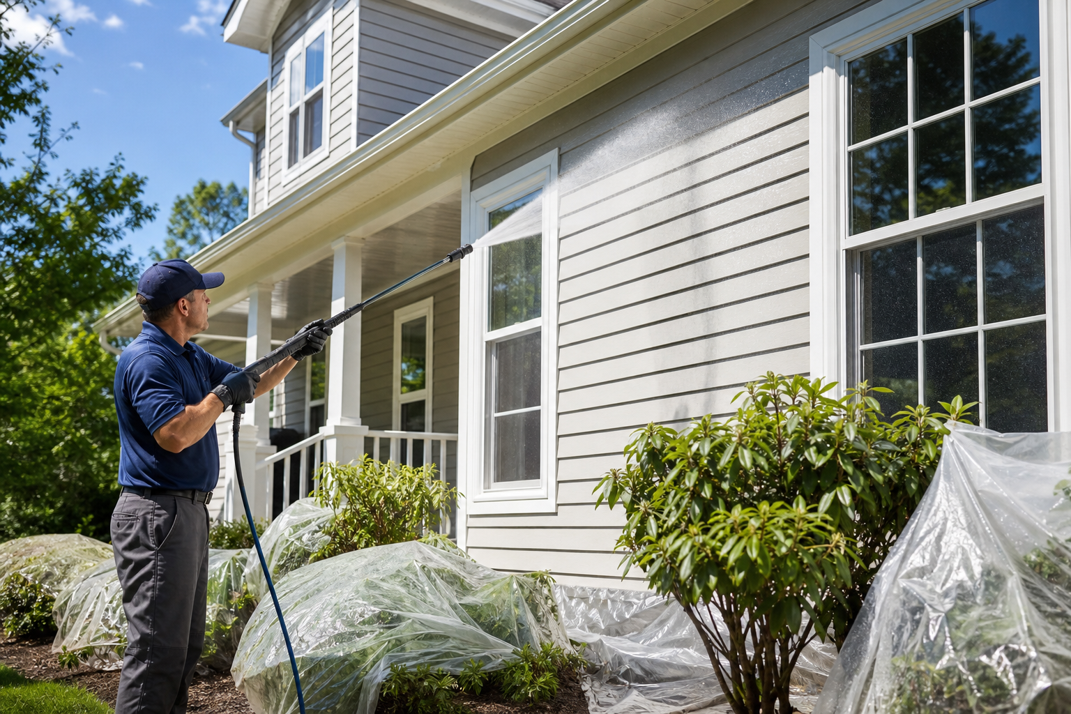 Technician safely washing a whole house exterior while protecting landscaping and windows.