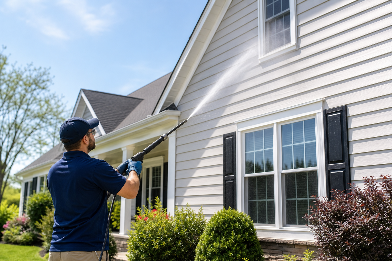 Professional exterior house washing on a suburban home with gentle low-pressure cleaning.