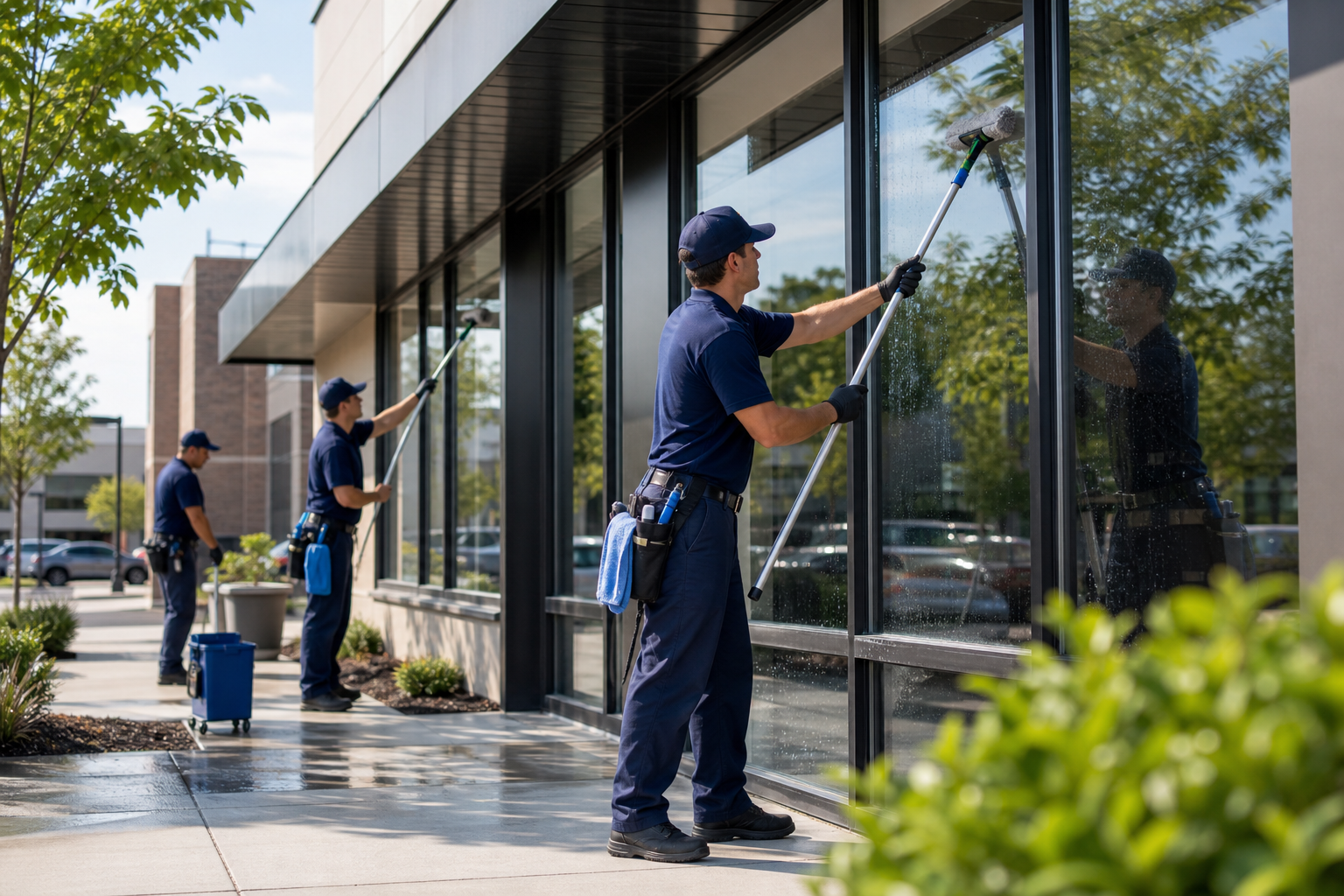 Commercial exterior window service for a storefront or building with clean, polished glass.