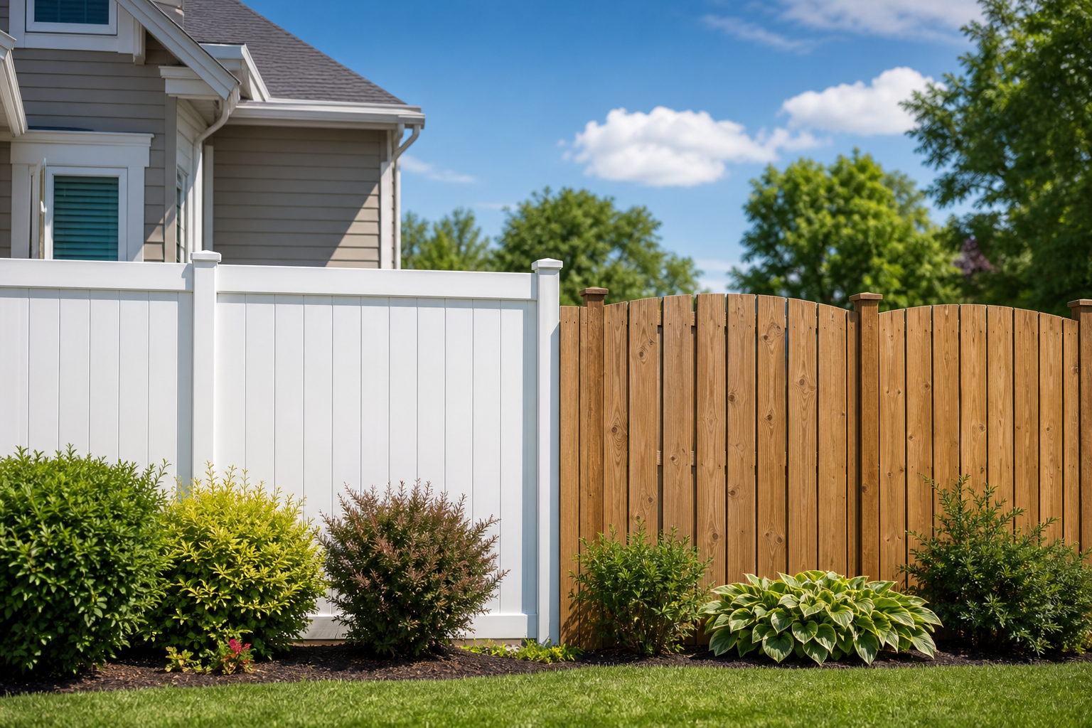 Clean vinyl and wood fences that improve curb appeal and property value