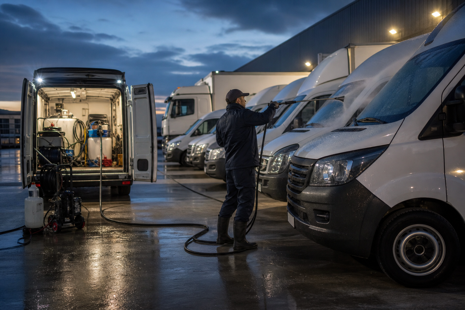 Mobile fleet wash technician cleaning commercial vehicles on-site at a business yard after hours.