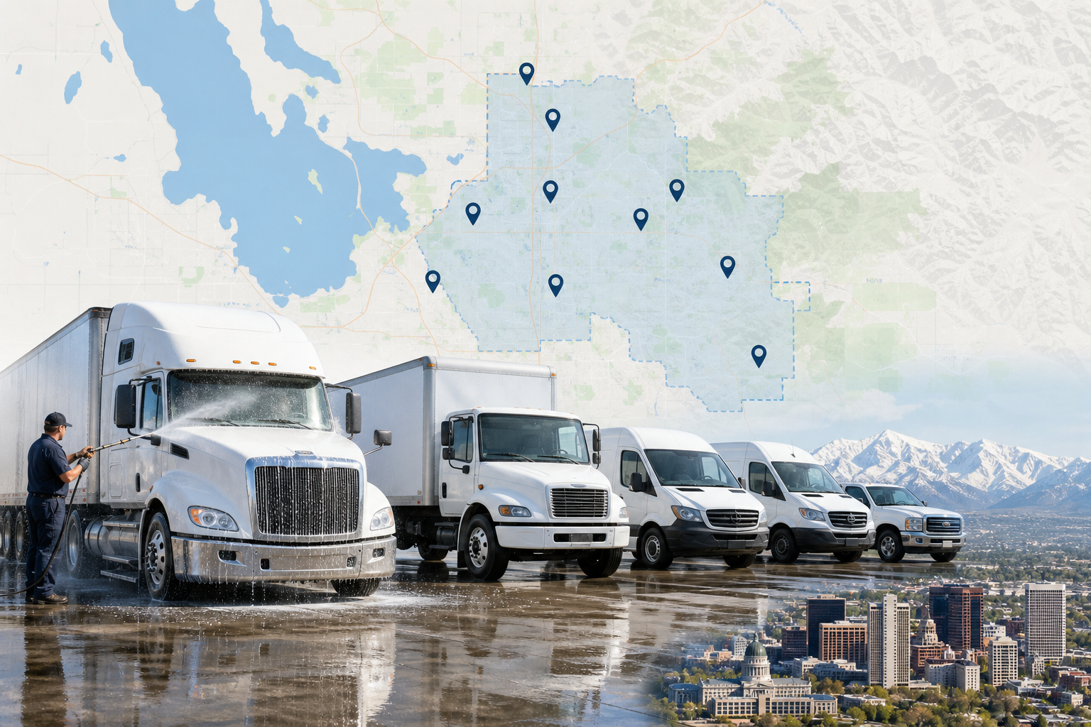 Commercial fleet washing service coverage across Salt Lake City, Park City, and nearby Utah communities.
