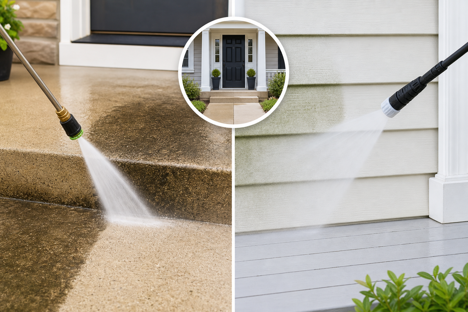 Diagram comparing pressure washing and soft washing for front entry areas.