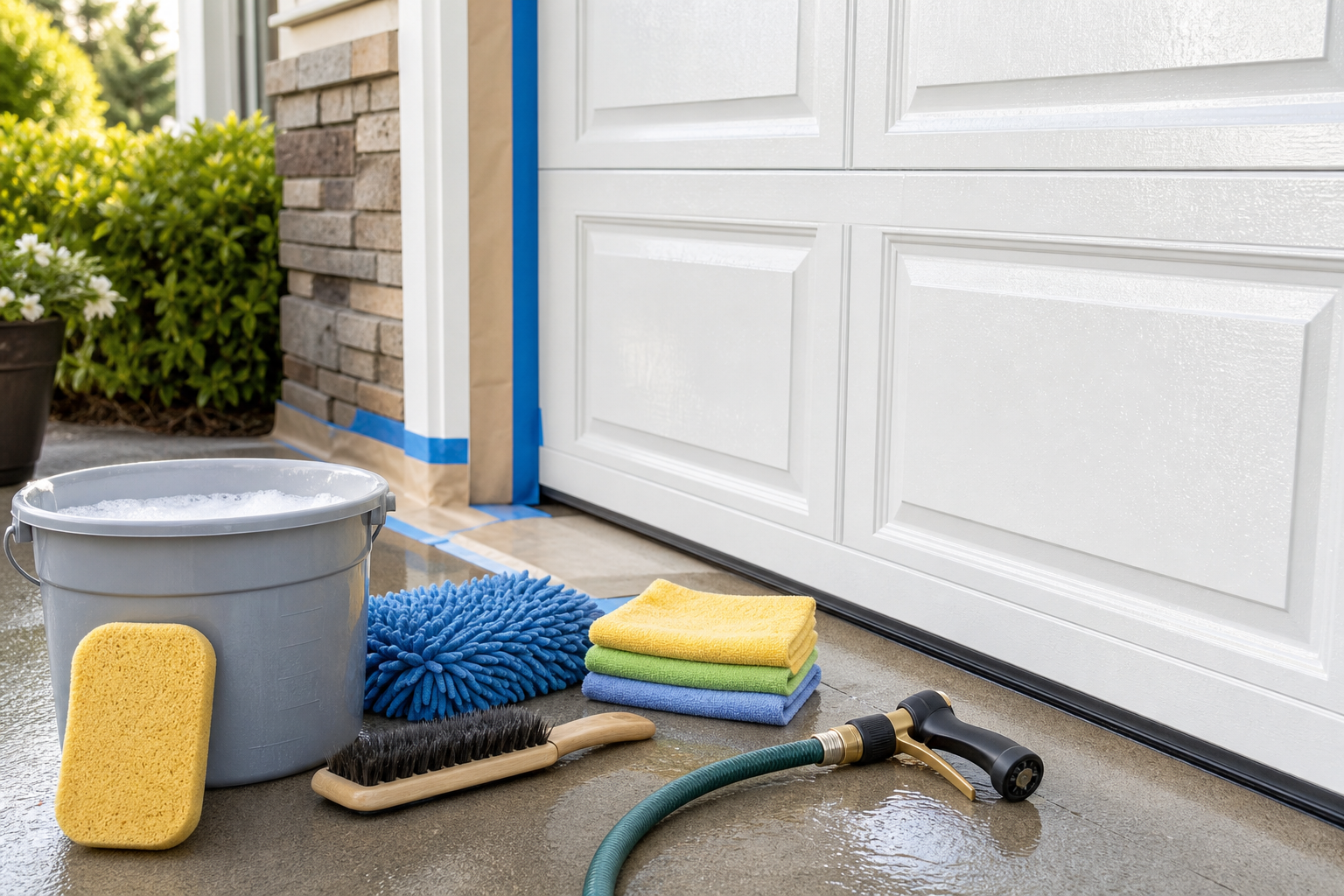 Safe garage door cleaning supplies prepared for a residential garage door wash