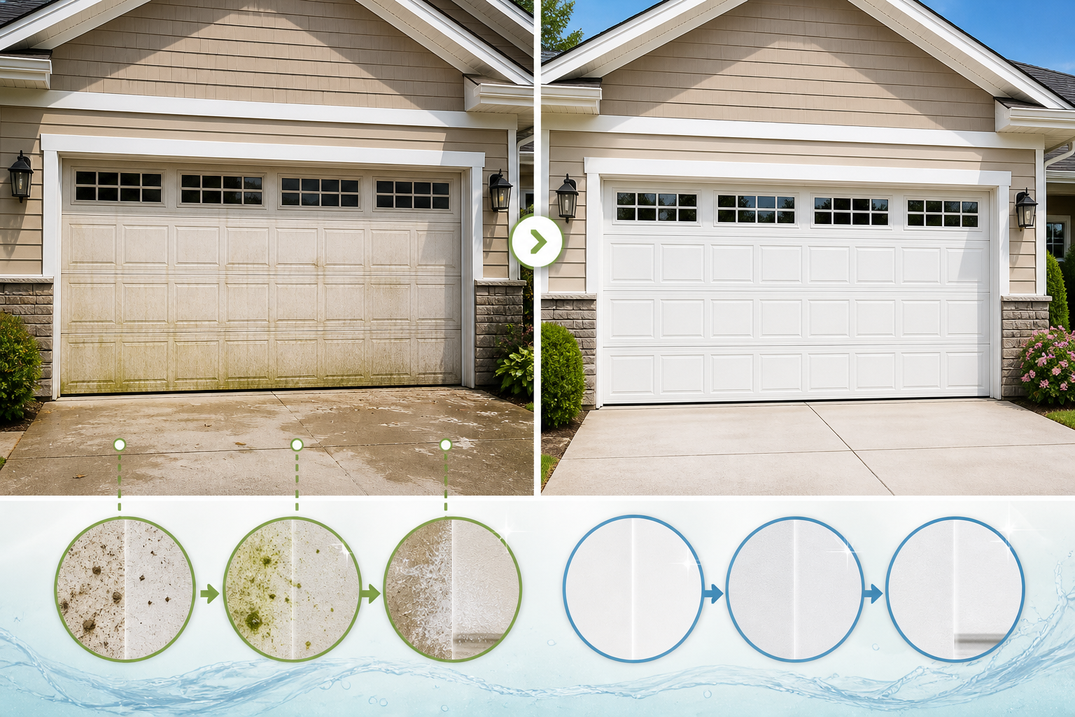 Before and after garage door cleaning showing improved curb appeal on a home exterior