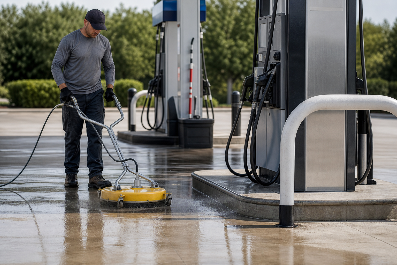 Technician cleaning a gas pump area with a commercial surface cleaner on a fuel station forecourt.