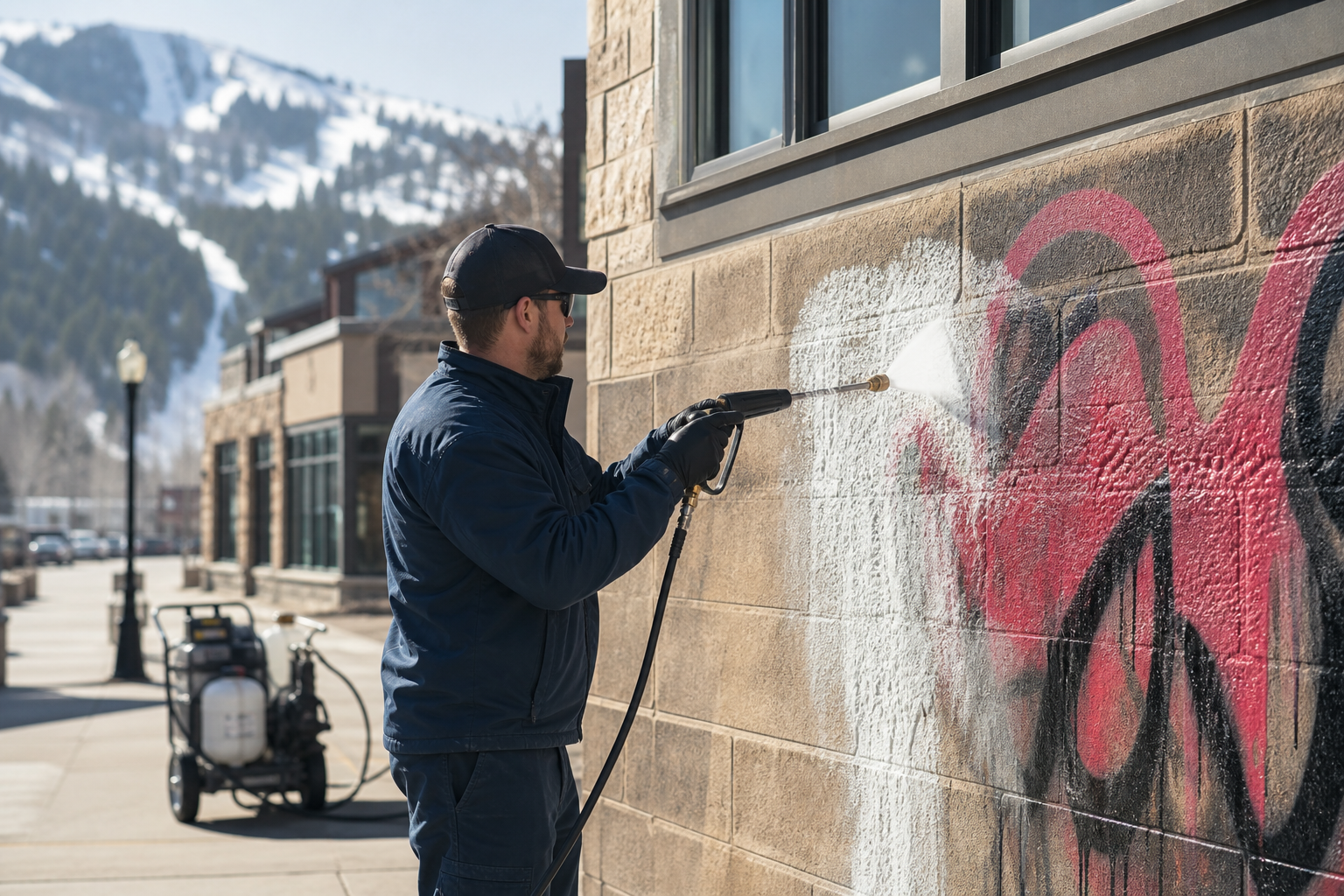 Professional graffiti removal technician cleaning spray paint from a Park City storefront exterior
