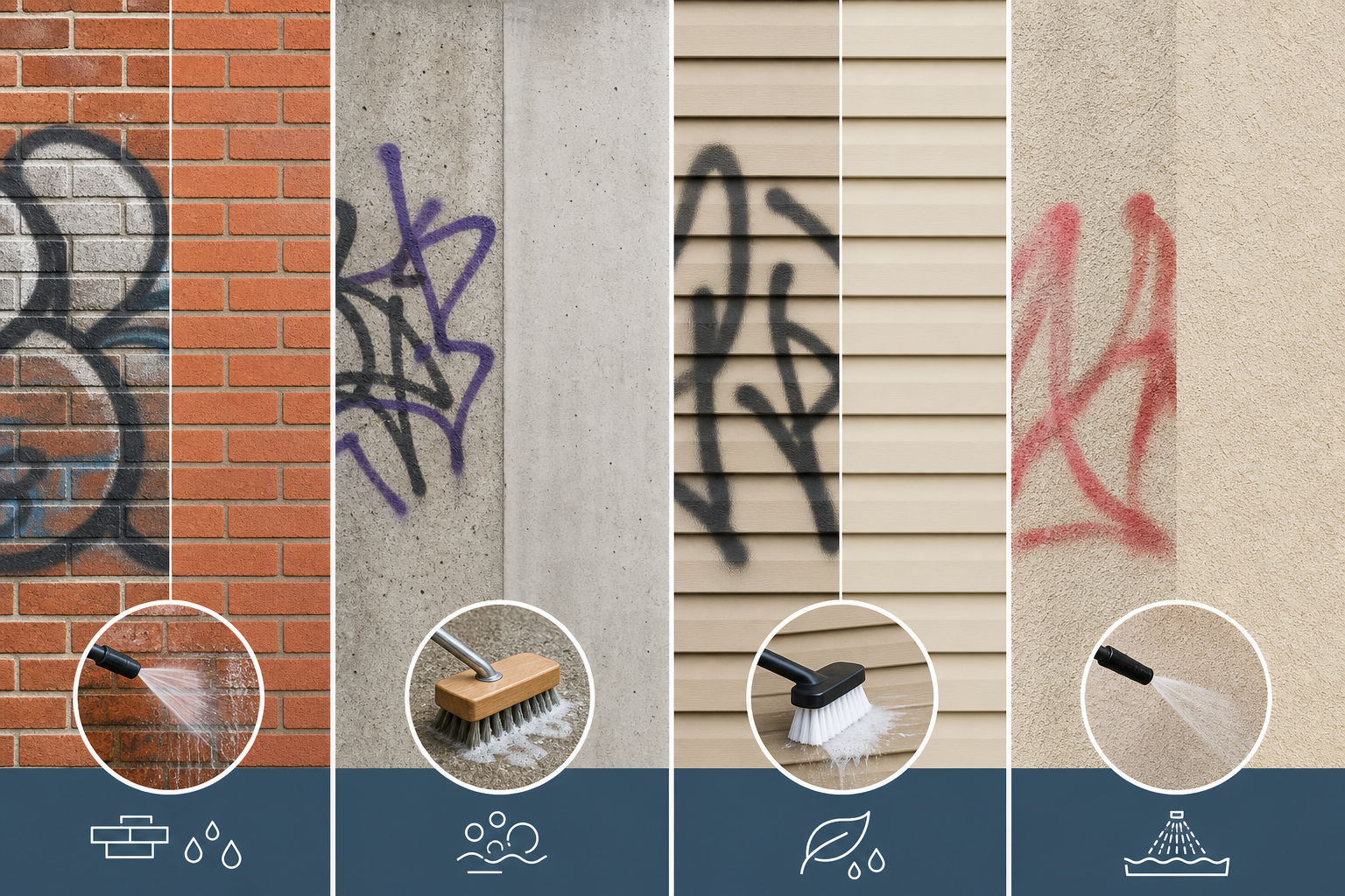 Infographic comparing graffiti removal methods for brick, concrete, siding, and stucco