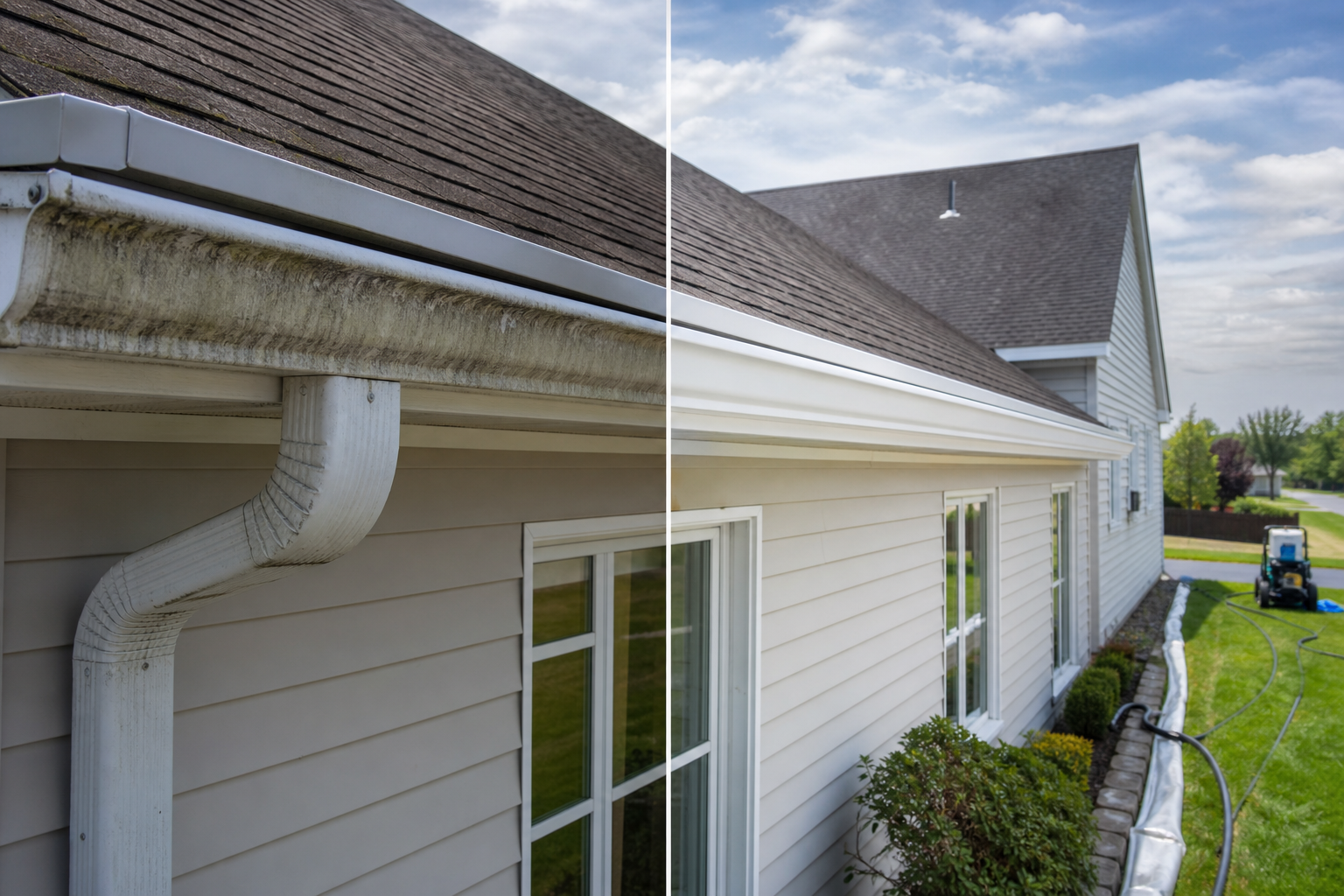 Before and after gutter whitening showing a streaked roofline transformed into a brighter, cleaner exterior.